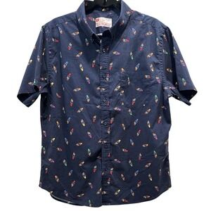 Men's Navy Blue Short Sleeve Button Up Shirt Fun Ice Cream Cone Print Size L